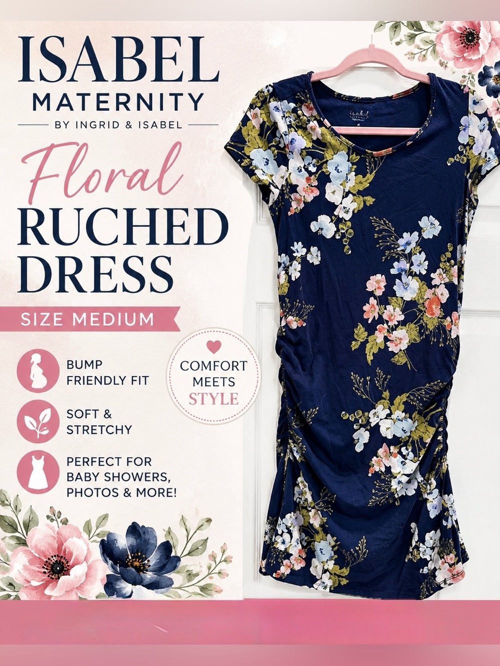 Isabel Maternity Floral Ruched Dress Medium Navy Blue Pregnancy Baby Shower